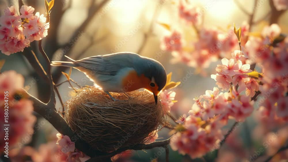 Spring bird building nest on blooming cherry tree in soft golden light — cinematic nature video in pastel pink and warm tones with copy space on the right for eco lifestyle, mindfulness, or seasonal 