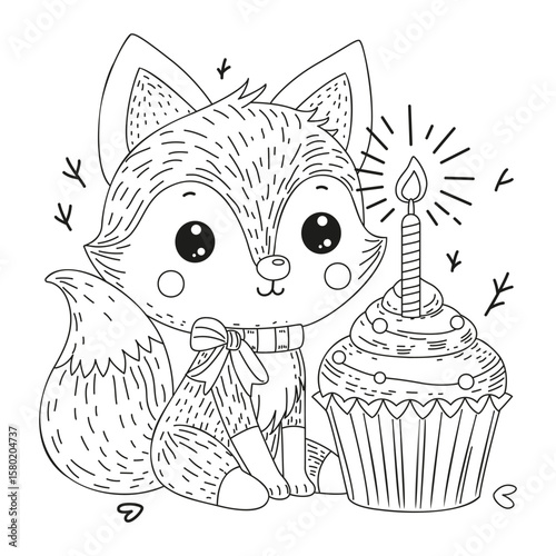 A cute little fox with a bow sits next to a delicious cupcake. Coloring page for kids and adults. Illustration for coloring.