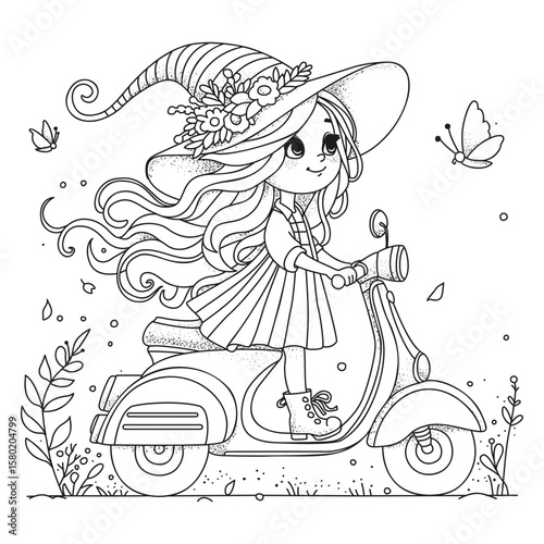 Cute girl in a huge hat decorated with flowers rides a scooter. Coloring page for children and adults. Illustration for coloring.