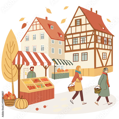 Charming european street scene with a vibrant autumn farmer s market showcasing fresh produce and people enjoying the seasonal atmosphere