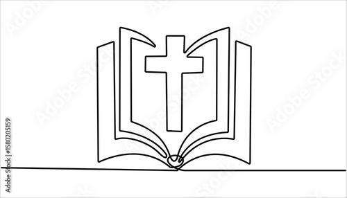 one continuous line bible.one line drawing of Christian holy book. Bible linear icon. One line drawing background.