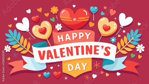 Happy valentines day greeting with hearts balloons and festive decorations