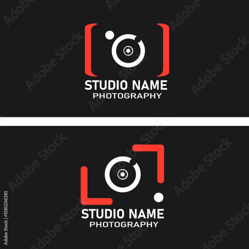 A modern photography studio logo featuring a stylized camera icon with red brackets, a white lens, and a black background. Bold text reads 