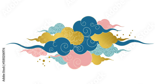 Illustration of Golden Blue and Pink Clouds Oriental Asian Style Art