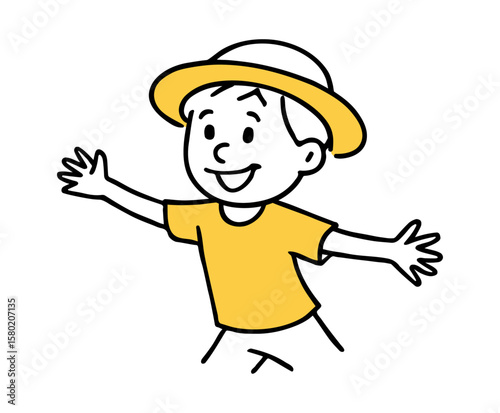 Boy in Sun Hat with Outstretched Arms. Playful Pose, Smiling Expression, Fun And Summer Concepts. Hand-Drawn Doodle Style Line Vector Illustration