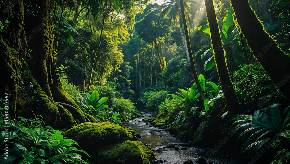 Obraz premium Tropical rainforest river flowing through lush green vegetation