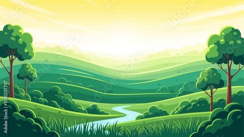 Serene cartoon landscape featuring rolling green hills, a winding stream, and trees under a bright yellow sky, creating a peaceful and idyllic scene.