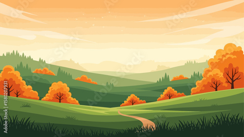 Serene autumn landscape with rolling hills, vibrant foliage, and a winding path.