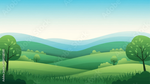 A serene cartoon landscape featuring rolling green hills, trees, and a clear blue sky.