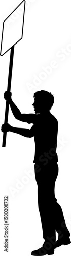 Protestor or demonstrator at a demonstration march, picket line or strike protest rally in silhouette. Holding up a banner or picket sign board placard.