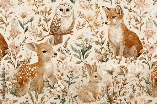 Seamless Pattern – Forest Animals Among Blooming Wildflowers in Soft Watercolor with Delicate Linework, Warm Earthy Tones, and Pastel Florals for Charming Woodland Fabric Prints 