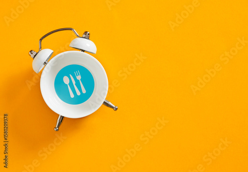 White alarm clock with cutlery icons showing lunch time on orange background