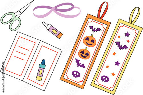 Diy halloween craft supplies including scissors glue stick ribbon and two decorative bookmarks featuring pumpkins bats and skulls