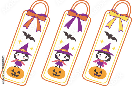 Three adorable cartoonish halloween bookmarks featuring cute witches on pumpkins with bats and stars each adorned with a colorful bow perfect for seasonal reading