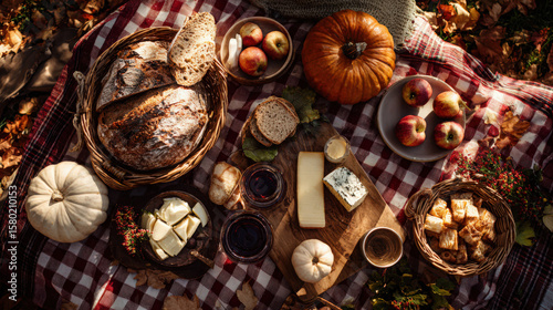 Delicious autumn picnic spread featuring cheese, bread, and apples on a red and white blanket.