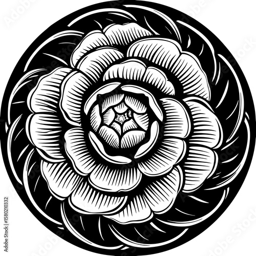 Camellia flower head with layered petals