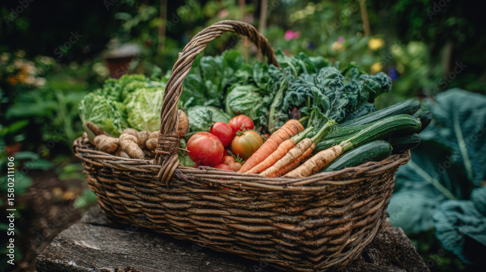 A beautiful basket brimming with fresh, colorful autumn harvest vegetables in a garden setting. A beautiful basket brimming with fresh, colorful autumn harvest vegetables in a garden setting.