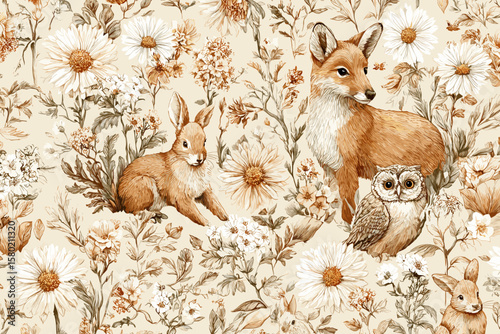 Seamless Pattern – Forest Animals Among Blooming Wildflowers in Soft Watercolor with Delicate Linework, Warm Earthy Tones, and Pastel Florals for Charming Woodland Fabric Prints 