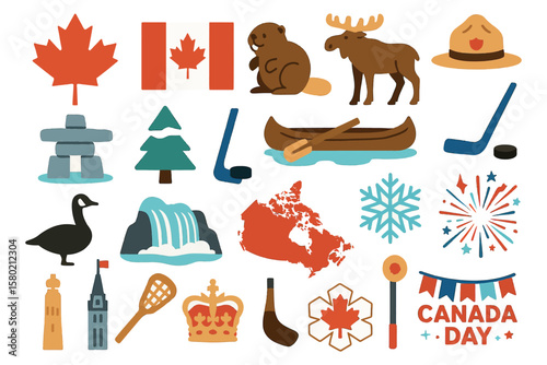 Canada Icons Set Canadian Symbols Maple Leaf Moose Flag Culture Collection