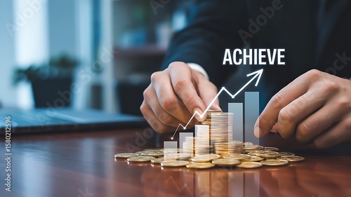 Businessman stacking coins with a rising graph and the word achieve