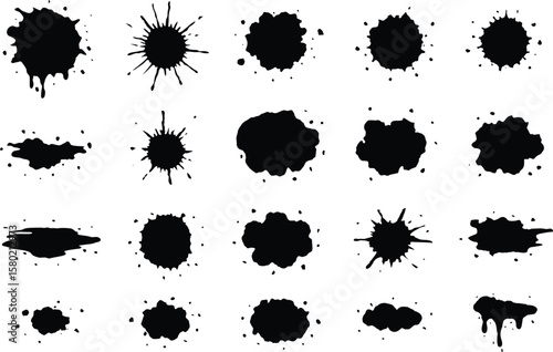 vektor Hand drawn set of paint splatters and blots inked in black. Different shapes isolated on white background.
