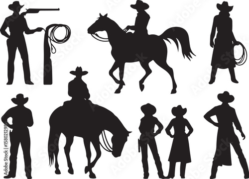 Cowboy silhouettes with horses and lassos western