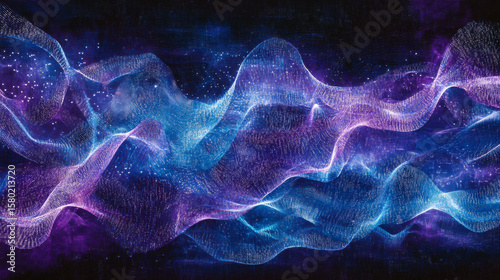 Colorful abstract waves of light flowing through a dark space with stars glowing in the background