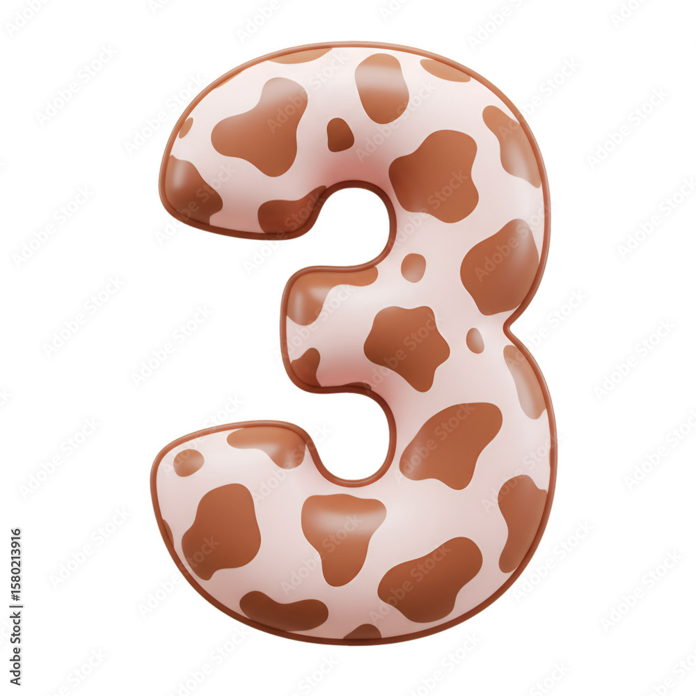 Fototapeta premium Illustration of Number Three with Cow Spots Animal Print on Transparent