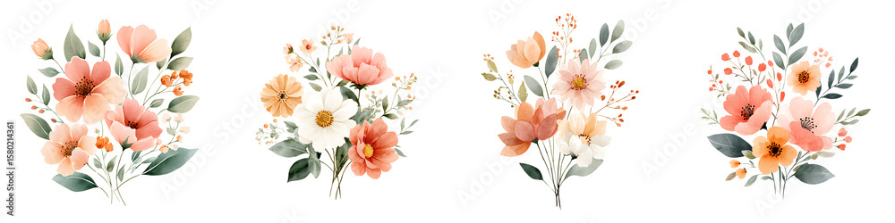 Obraz premium Watercolor Floral Bouquets Set Isolated on White Background