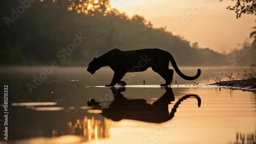 Silhouette of a panther drinking water at the river during the sunset in the forest area animal video