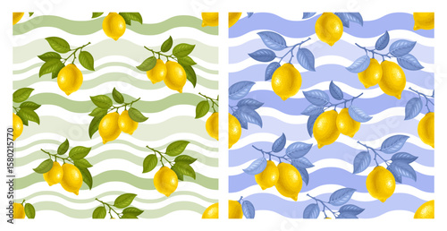 Seamless pattern with lemons and waves, mediterranean motifs. Branches of lemon with ripe fruits and leaves. Citrus tree branch drawing. Yellow juicy lemons hanging on the twig. Vector illustration