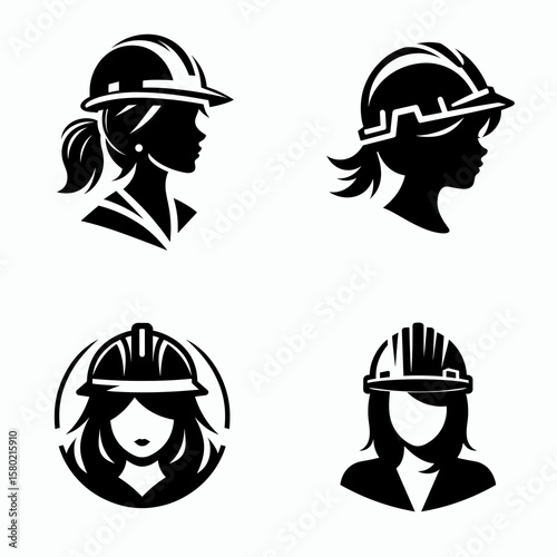 A black girl wear contruction engineer helmet. Silhouette Clipart Line Art Vector Illustration. Young african female with protective headgear at job area hard hat for builder.