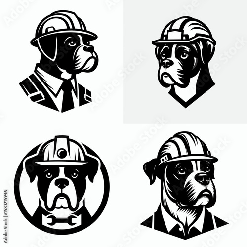 A Boxer Dog wear contruction engineer helmet. Silhouette Clipart Line Art Vector Illustration. Canine at work breed in hard hat building job protection gear.
