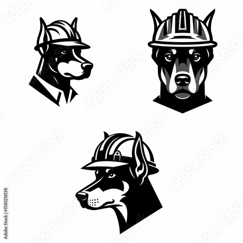 A Doberman Pinscher Dog wear contruction engineer helmet. Silhouette Clipart Line Art Vector Illustration. pup with builder hard hat canine construction job pet at work.