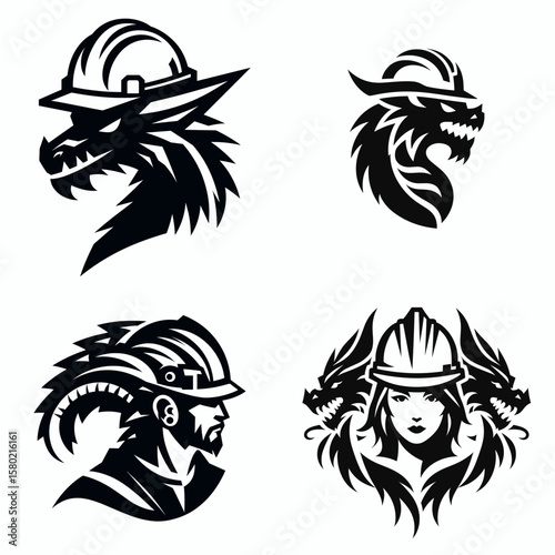 A Dragon wear contruction engineer helmet. Silhouette Clipart Line Art Vector Illustration. Reptile worker headgear huge mythical creature in builders hard hat.