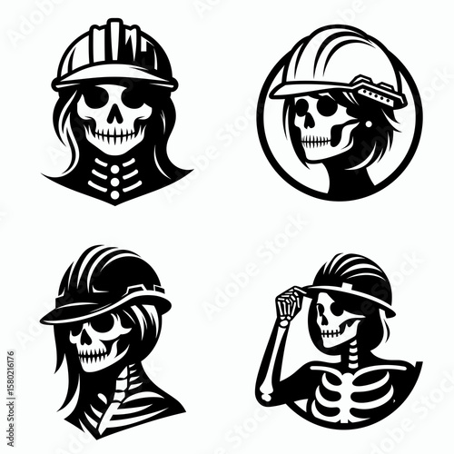 A female skeleton wear contruction engineer helmet. Silhouette Clipart Line Art Vector Illustration. woman remain sport builder hardhat occupation gear protection concept.