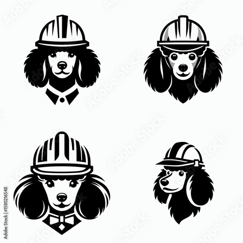 A Poodle Dog wear contruction engineer helmet. Silhouette Clipart Line Art Vector Illustration. Canine in hard hat curly pup doing job site supervision with head protection.