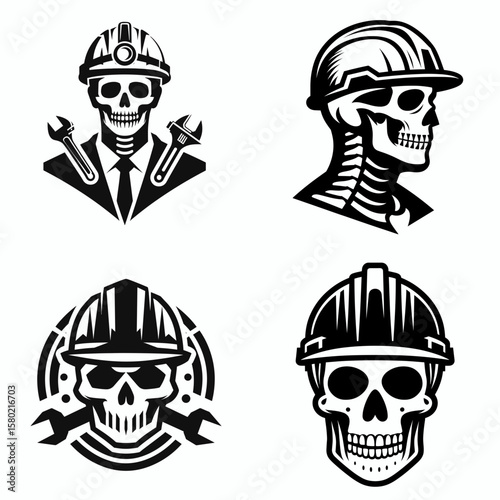 A skeleton wear contruction engineer helmet. Silhouette Clipart Line Art Vector Illustration. bony figure don hardhat builder headgear upon dead person.