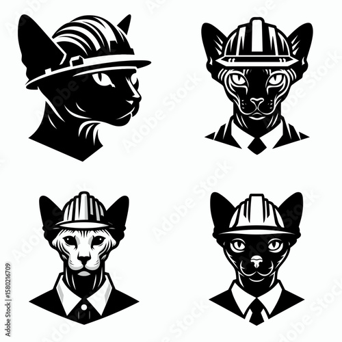 A Sphynx Cat wear contruction engineer helmet. Silhouette Clipart Line Art Vector Illustration. Naked feline in builders headgear funny domestic creature portrait.