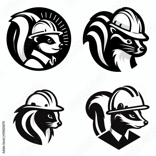 A Skunk wear contruction engineer helmet. Silhouette Clipart Line Art Vector Illustration. Striped critter in hardhat builder headgear for animal protection project.