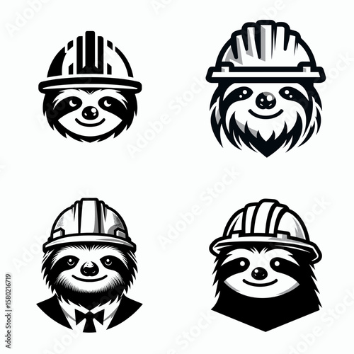 A Sloth wear contruction engineer helmet. Silhouette Clipart Line Art Vector Illustration. slow mammal donning builders headgear for safety at the job site.