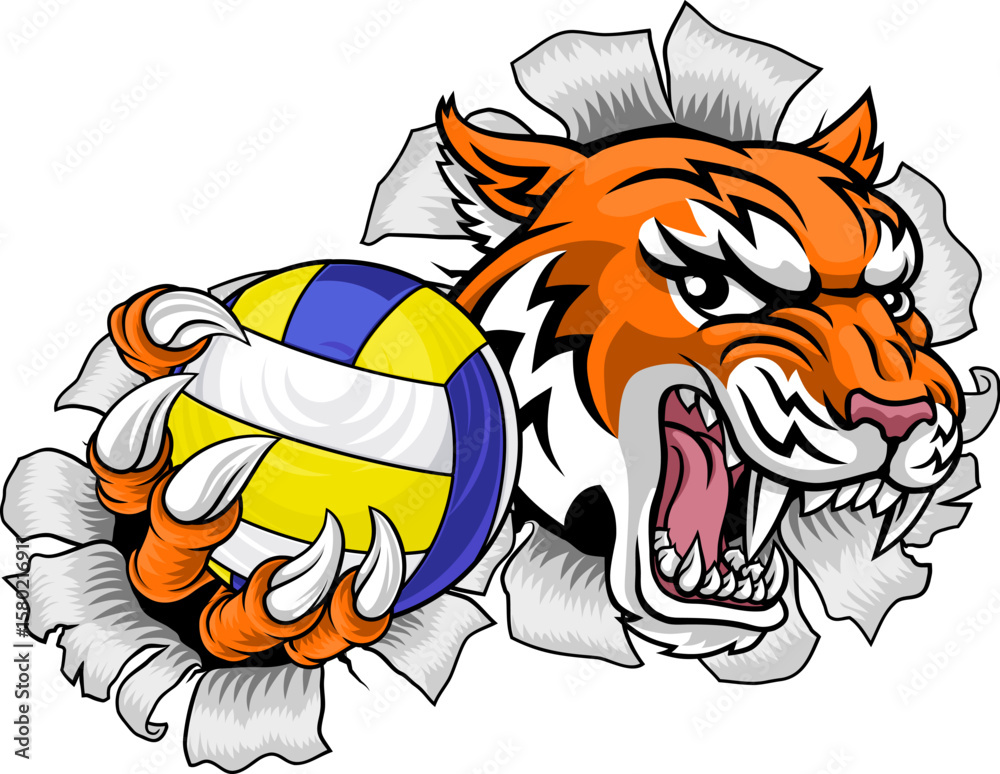 Obraz premium A tiger volleyball animal sports mascot holding a volley ball in his claw