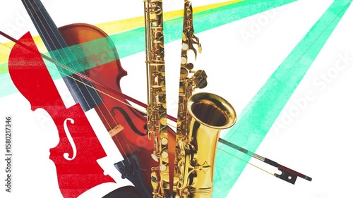 Engaging product video. Violin and saxophone intersected with colorful abstract lines on white background. Concept of classical and jazz fusion, musical creativity, expressive performance, art passion