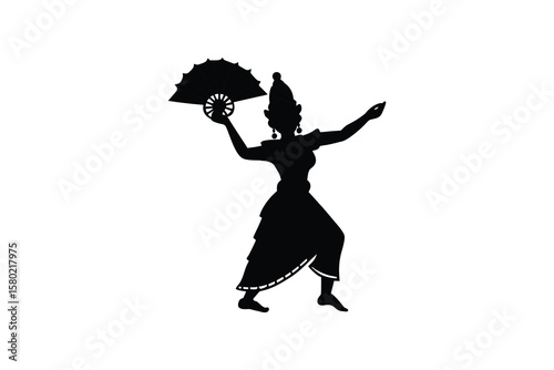 Elegant Bharatanatyam Dancer Silhouette with Fan Graceful Mudras Traditional Indian Dance Form Cultural Heritage Artistic Expression Performance Art Black and White silhouette