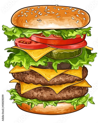 Hamburger with three layers of meat, cheese, and lettuce