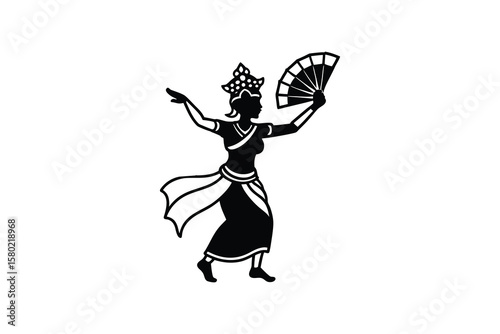 Elegant Asian Dancer Silhouette with Fan in Traditional Dress Performing a Cultural Dance with Graceful Movements and Artistic Flair silhouette