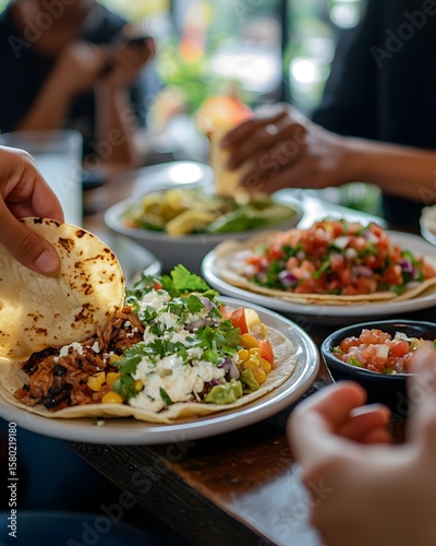 Group of people are eating Mexican food, including tacos and burritos
