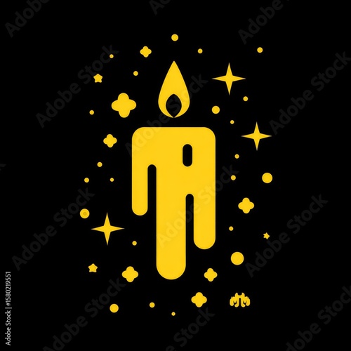 Gold candle, stylized as a person, surrounded by stars and flowers