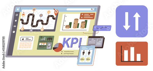 Digital dashboard showing KPI statistics, charts, financial graphs, and progress analytics on devices. Ideal for business, strategy, performance, productivity, growth tracking data analysis simple