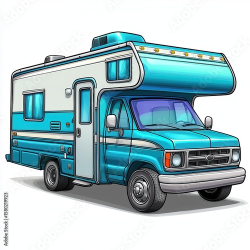 Retro Blue and White Camper Van Pixel Art Illustration